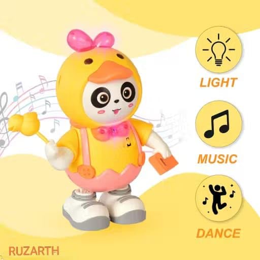Toy figure with duck costume on a yellow background, featuring lights, music, and dance icons.