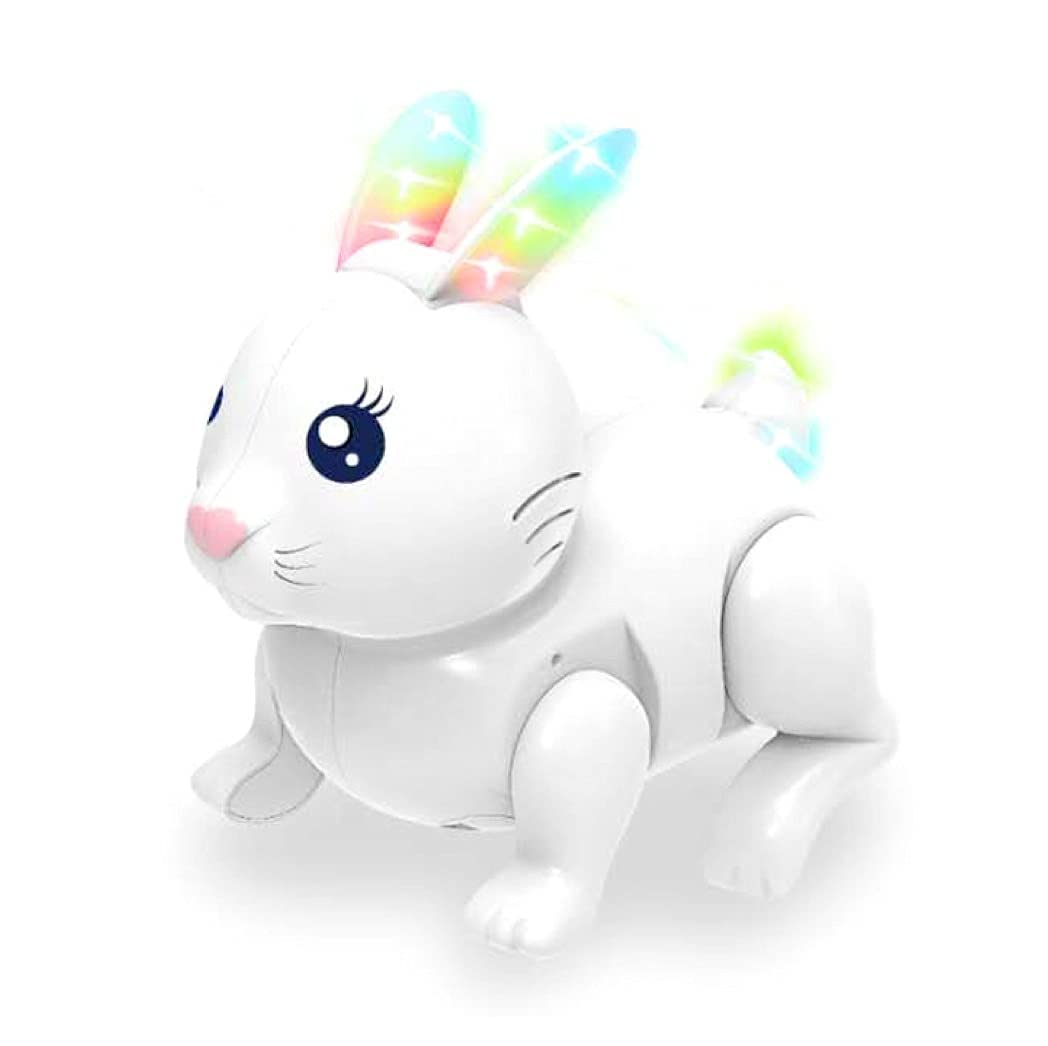 White rabbit toy with rainbow ears on a white background