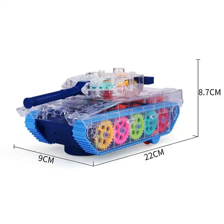 Toy tank model with transparent body and colorful gears, showing dimensions on a white background.