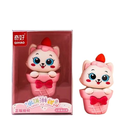 Pink cartoon ice cream character with a red bow and cherry on top, next to its packaging.