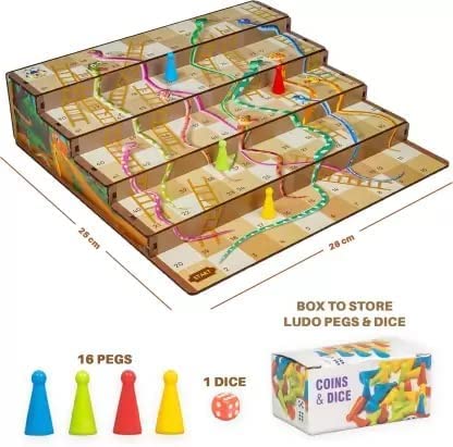 Board game with pegs and dice, including a box to store them, on a white background.