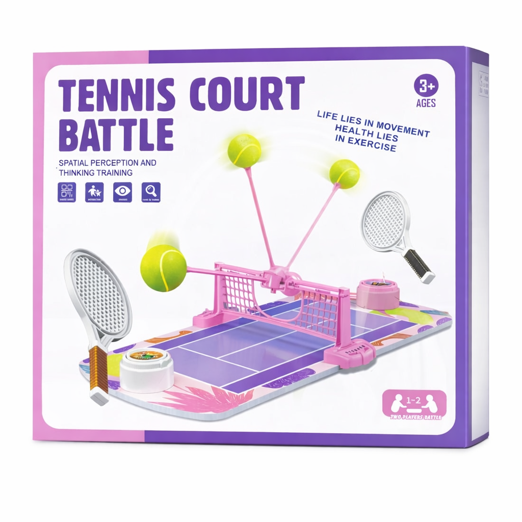 Tennis court battle toy set packaging with tennis rackets and balls on a colorful court.