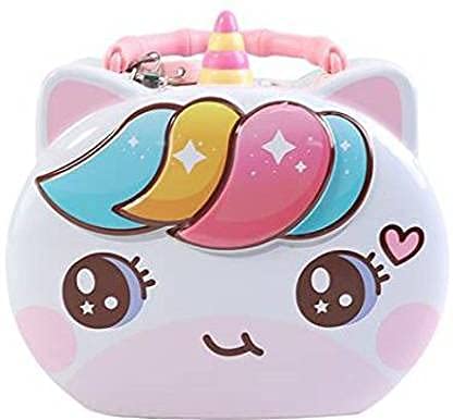 Unicorn-shaped container with a cat design on a white background