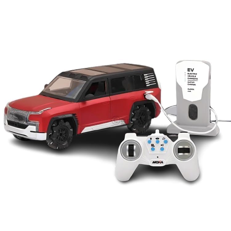 Red toy SUV with solar panel and remote control on a white background
