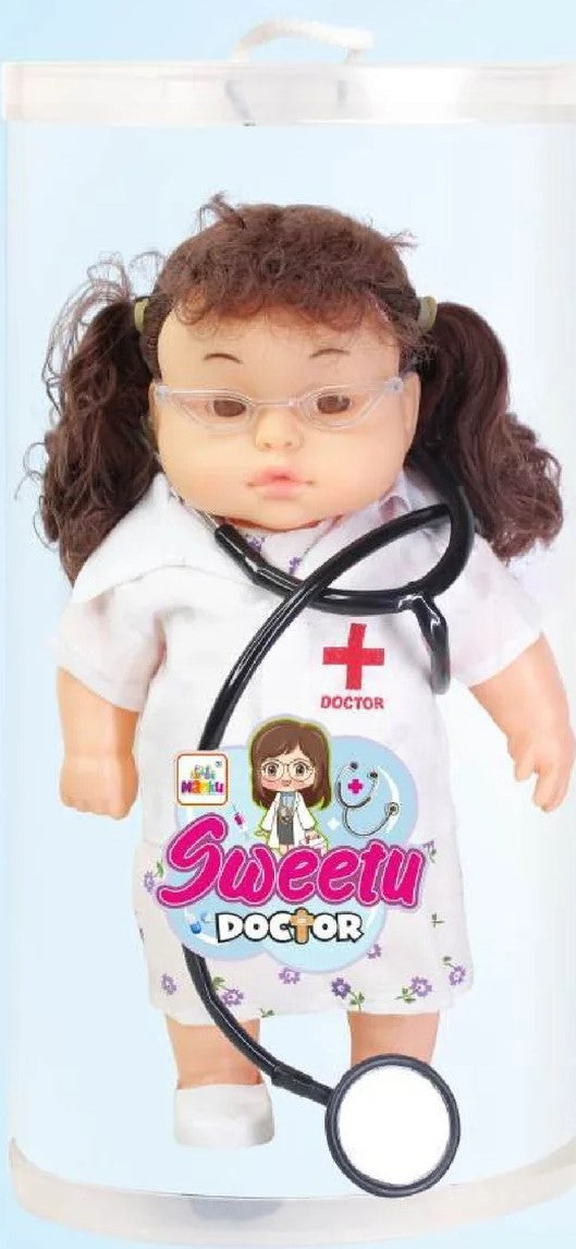 Toy doll with medical outfit and stethoscope, labeled 'Sweetu Doctor', on a white background.