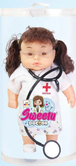 Toy doll with medical outfit and stethoscope, labeled 'Sweetu Doctor', on a white background.
