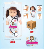 Toy doctor doll with packaging and features on a light blue background