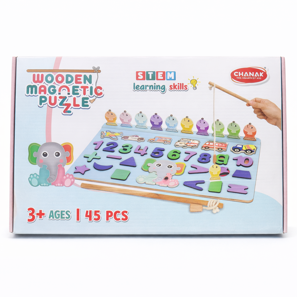 Box of a wooden magnetic puzzle with colorful characters and numbers, featuring the brand 'Chanak'.