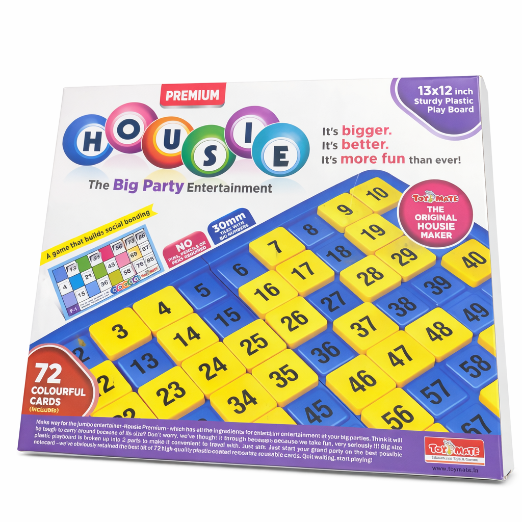 Housie game packaging with colorful numbers and text on a white background
