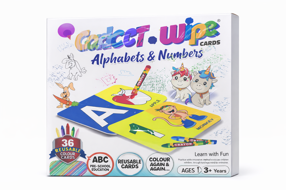 Colorful packaging of 'Color & Wipe' alphabet and number cards on a white background