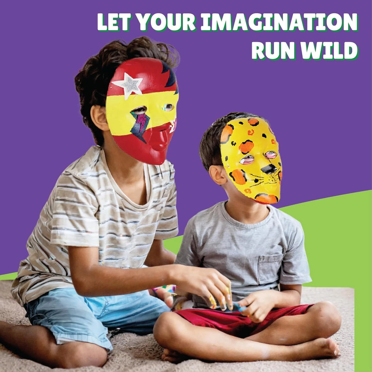 Two children wearing colorful masks with a purple and green gradient background and text 'Let your imagination run wild'.