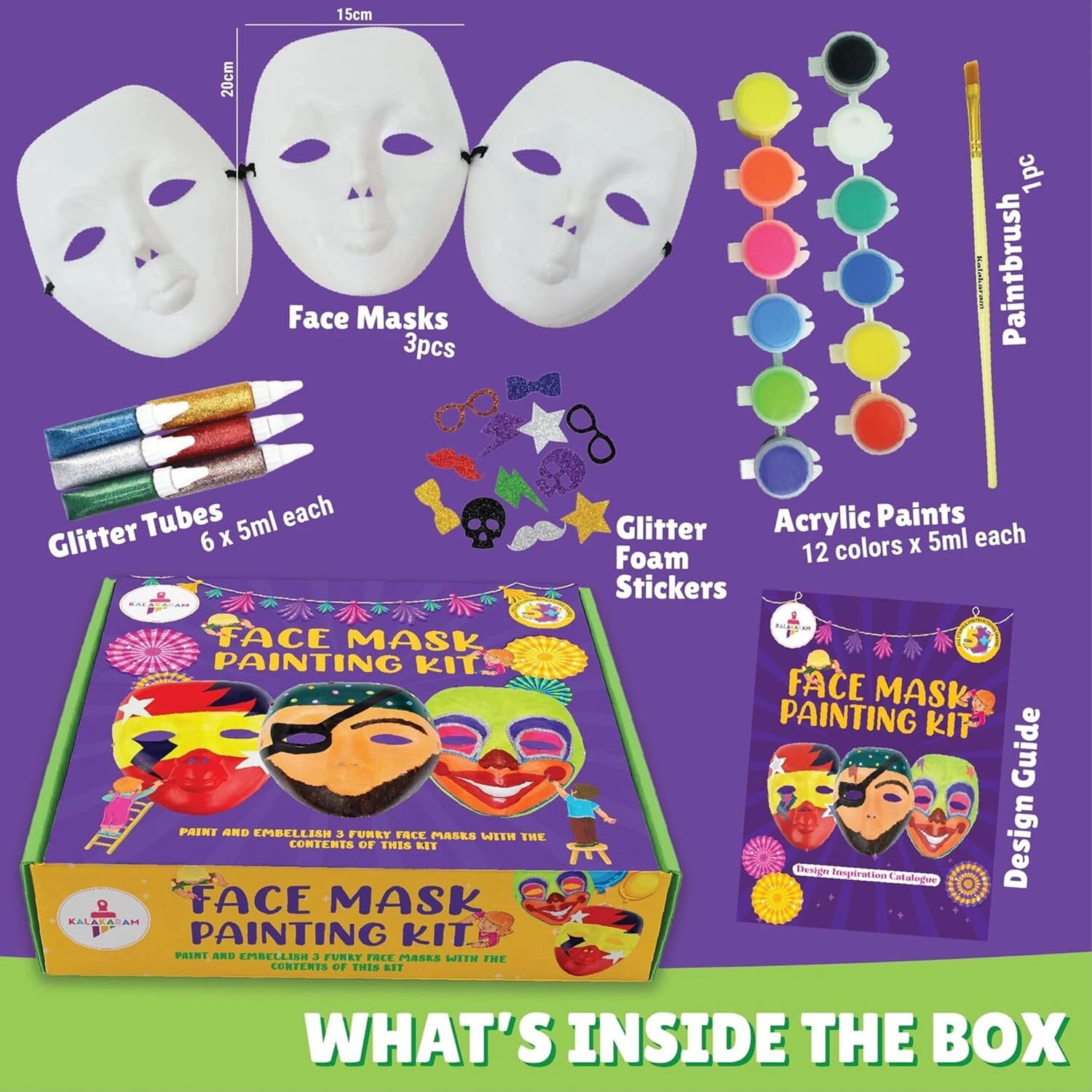 Face mask painting kit with masks, paints, and tools on a purple background