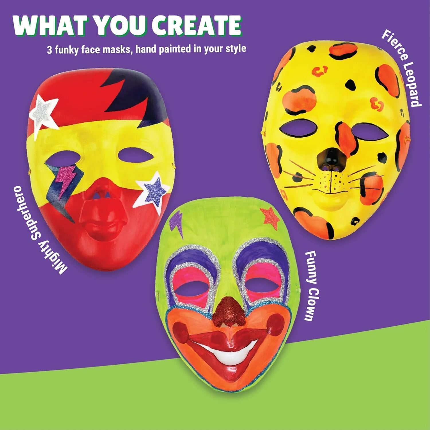 Three colorful face masks on a purple and green background with text about customization.