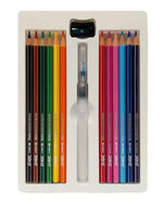 Set of colored pencils and a sharpener in a white case on a white background