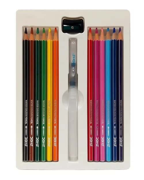 Set of colored pencils and a sharpener in a white case on a white background