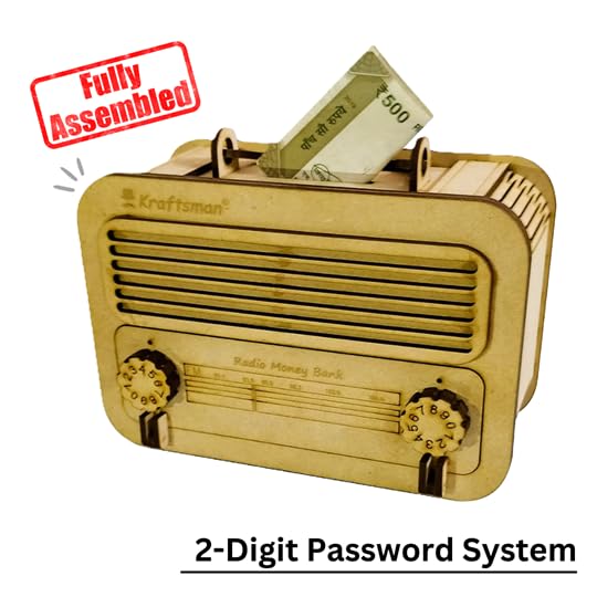 Wooden radio-shaped money box with money sticking out, labeled 'Kraftsman' and 'Fully Assembled'.