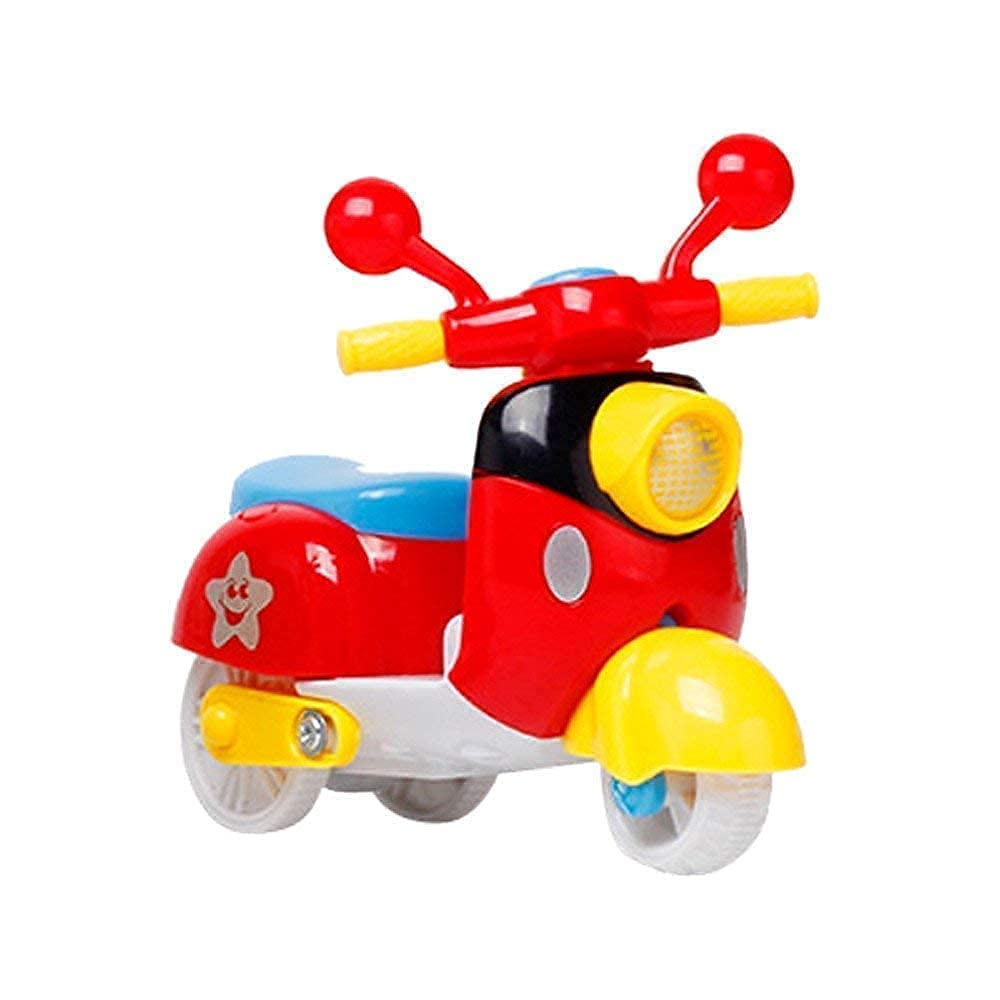 Colorful toy scooter with red handlebar, yellow wheels, and blue seat on a white background