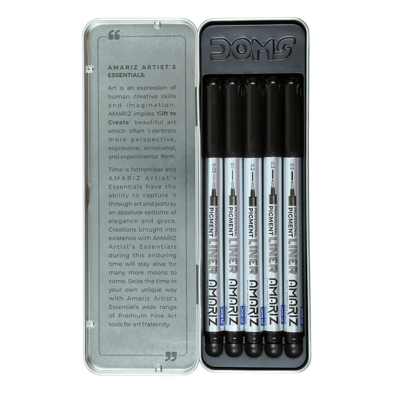 Set of AMARIZ pigment liner pens in a metal case with text on the back.