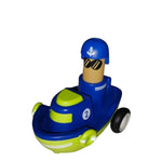 Toy figure on a blue and green boat with a white background