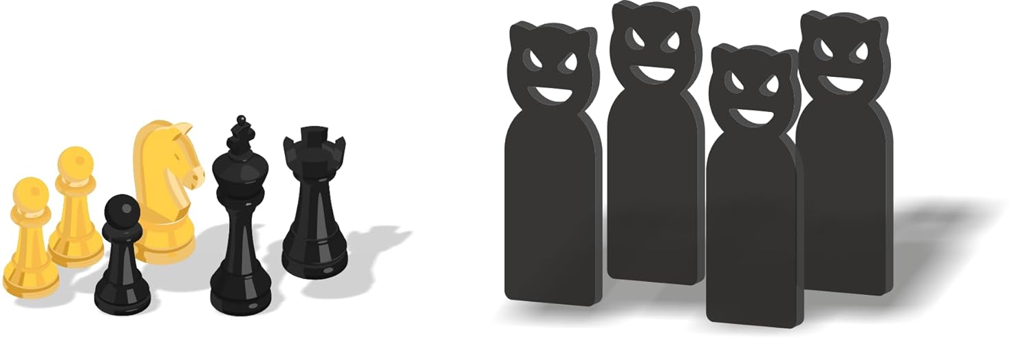 Black cat-shaped bookends next to chess pieces on a white background