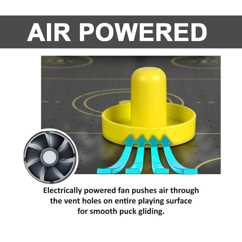 Yellow air-powered puck generator with fan illustration on a black surface
