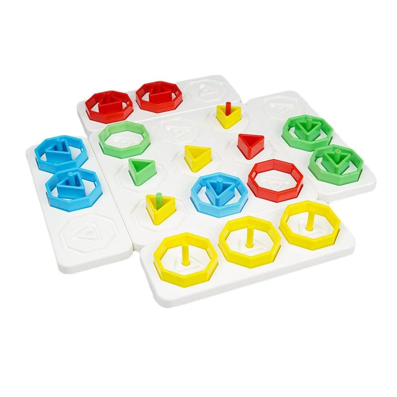 Colorful geometric shape sorting toy on a white background