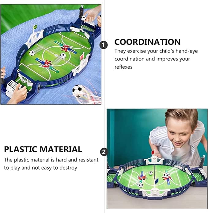 Children playing with a toy soccer field set on a table, highlighting coordination and plastic material features.