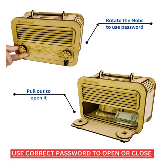 Wooden cash box with instructions on how to use it, featuring a hand holding the box.