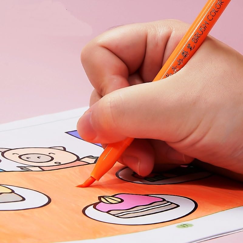 Hand holding an orange pen coloring a cartoon character on a pink background