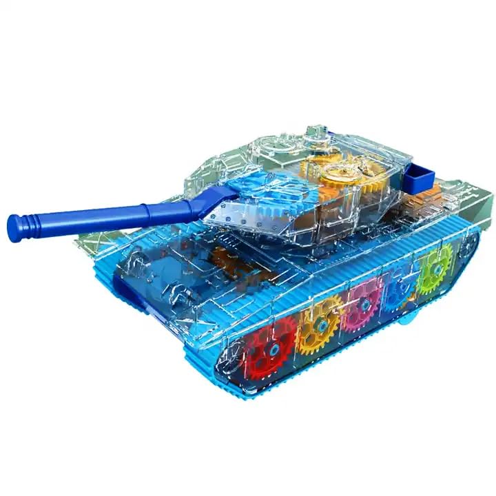 Toy tank model with transparent body and colorful gears on a white background