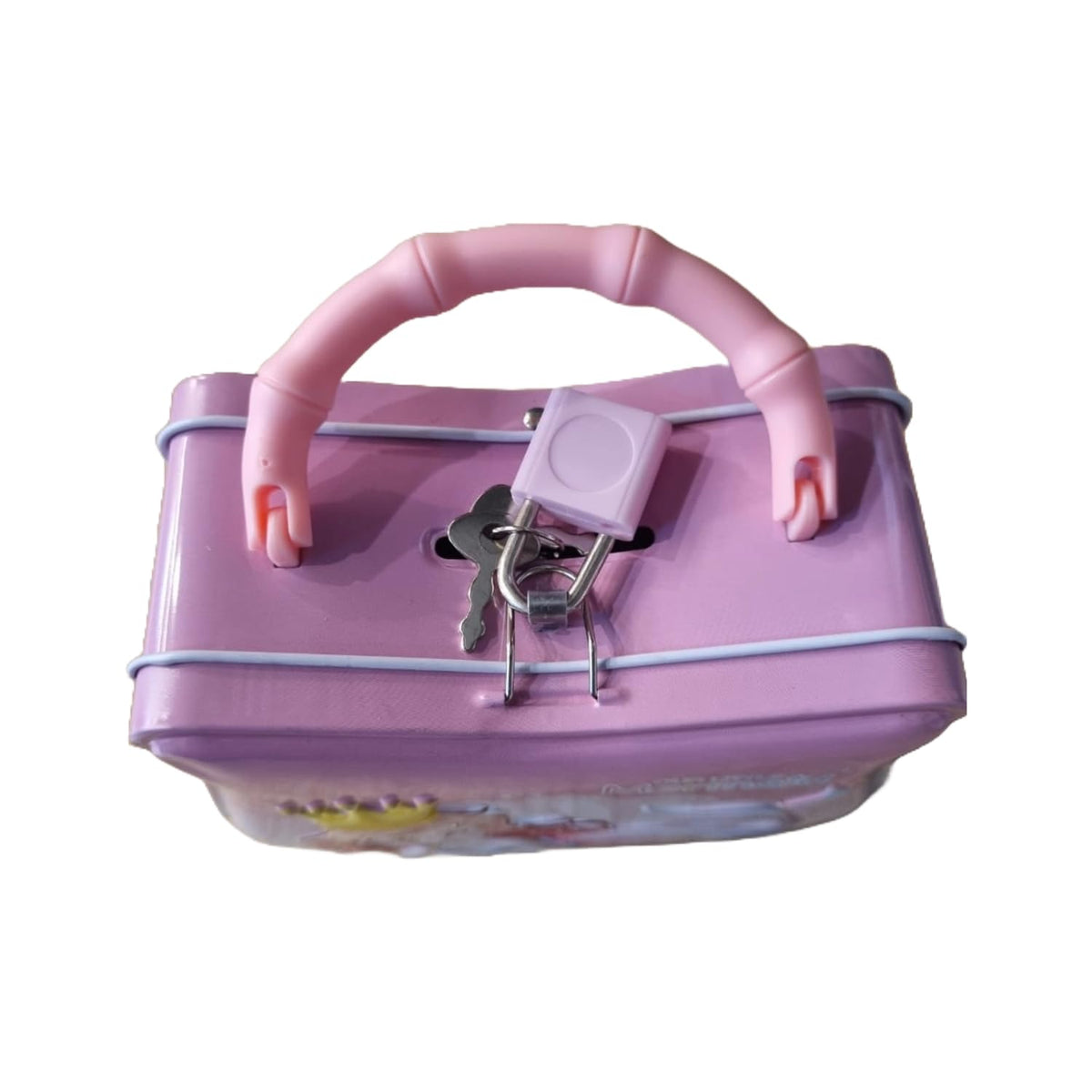 Pink toy suitcase with a handle and lock on a white background