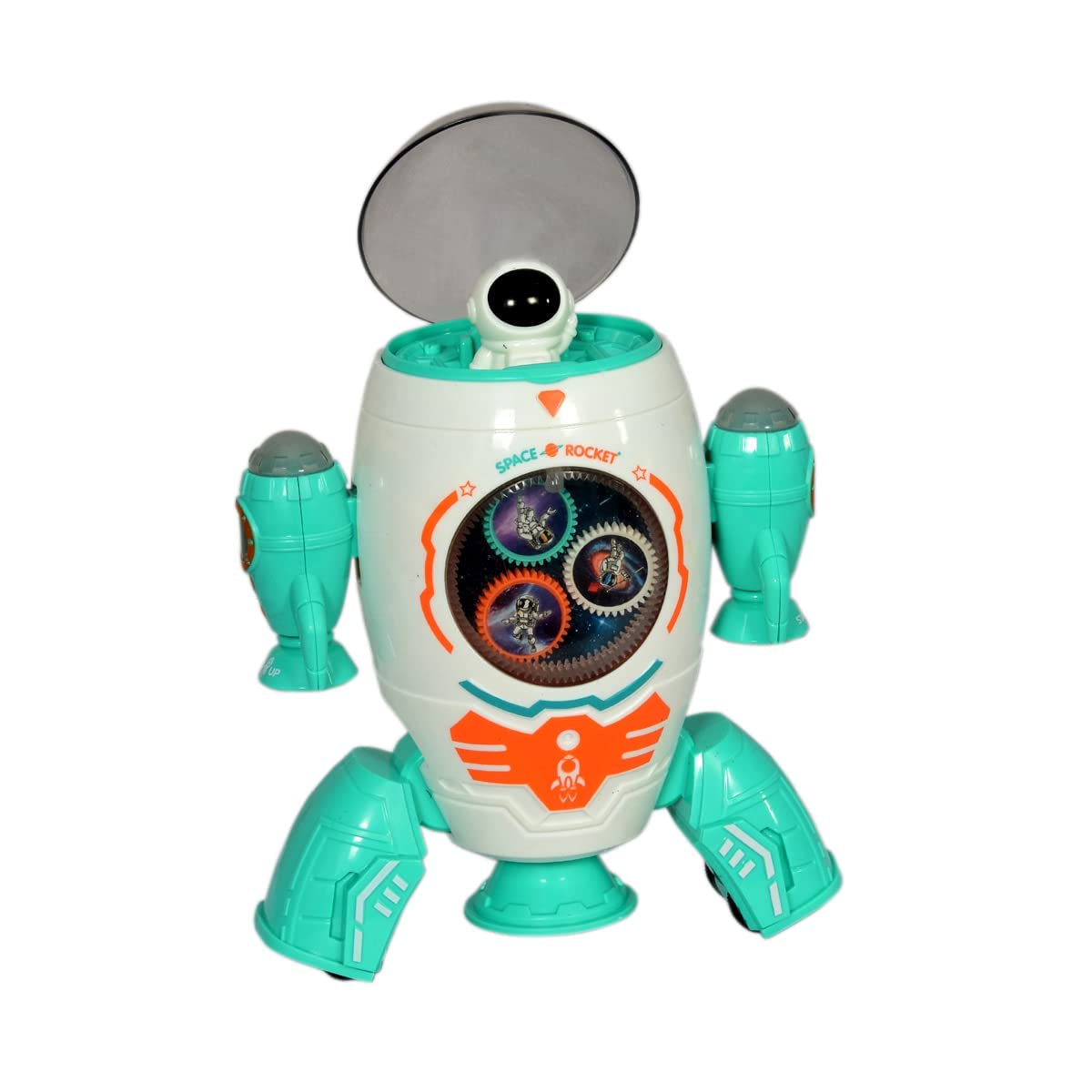 Toy robot with teal and white colors on a white background