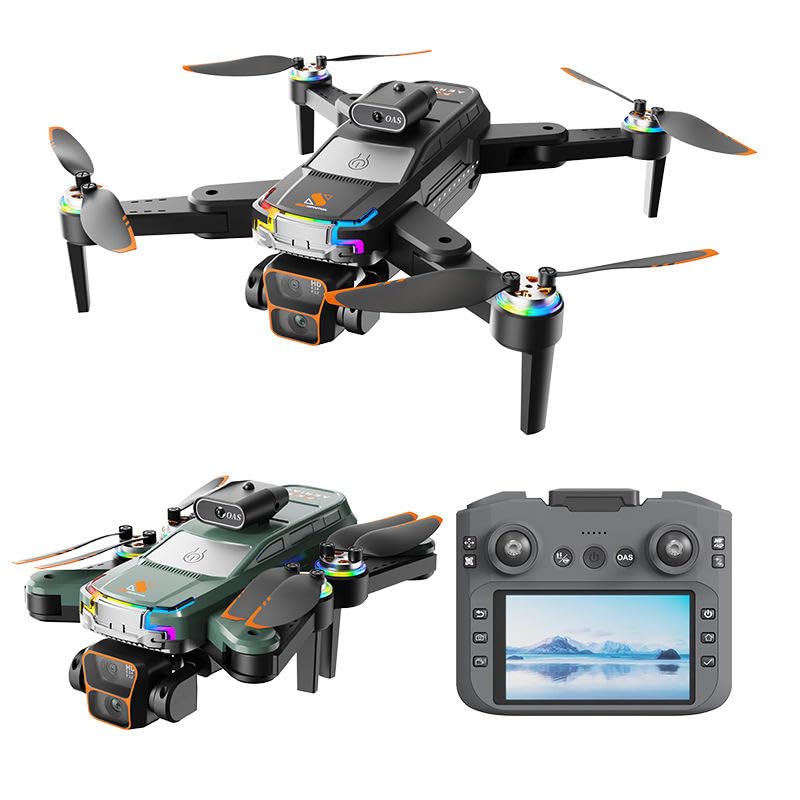 Drone with camera, remote control, and screen displaying a landscape on a white background