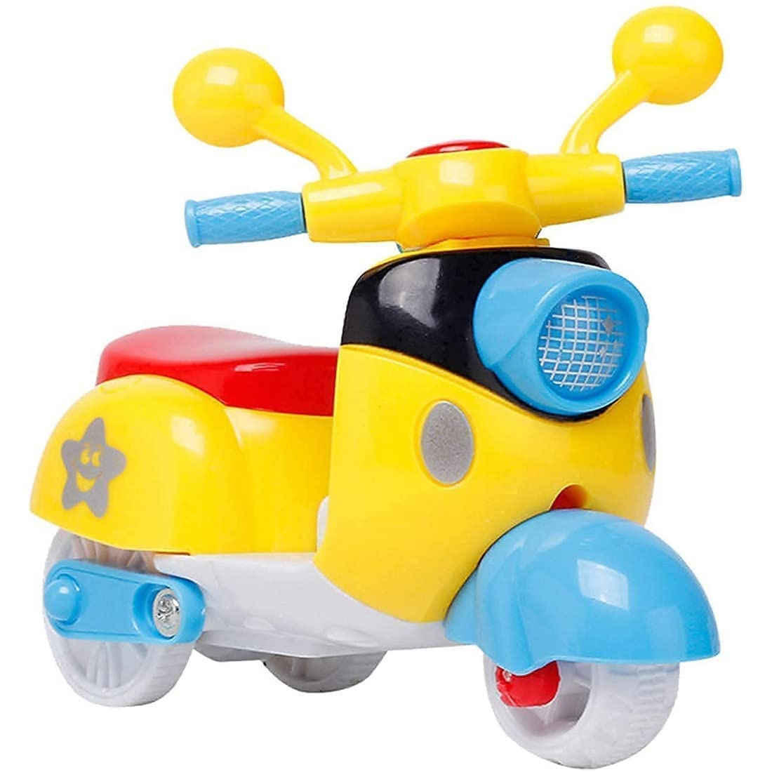 Colorful toy scooter with yellow body, blue handlebars and wheels on a white background