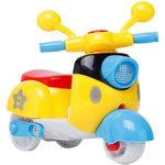 Colorful toy scooter with yellow body, blue handlebars and wheels on a white background