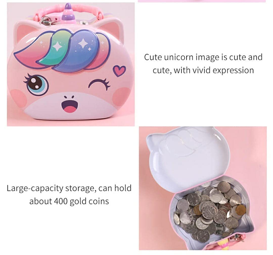 Cute unicorn-shaped coin bank with text describing its features