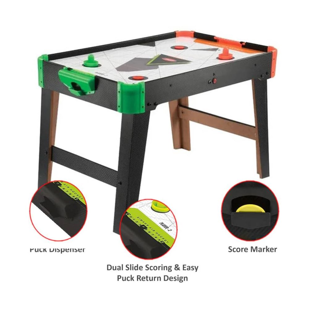 Air hockey table with features highlighted on a white background