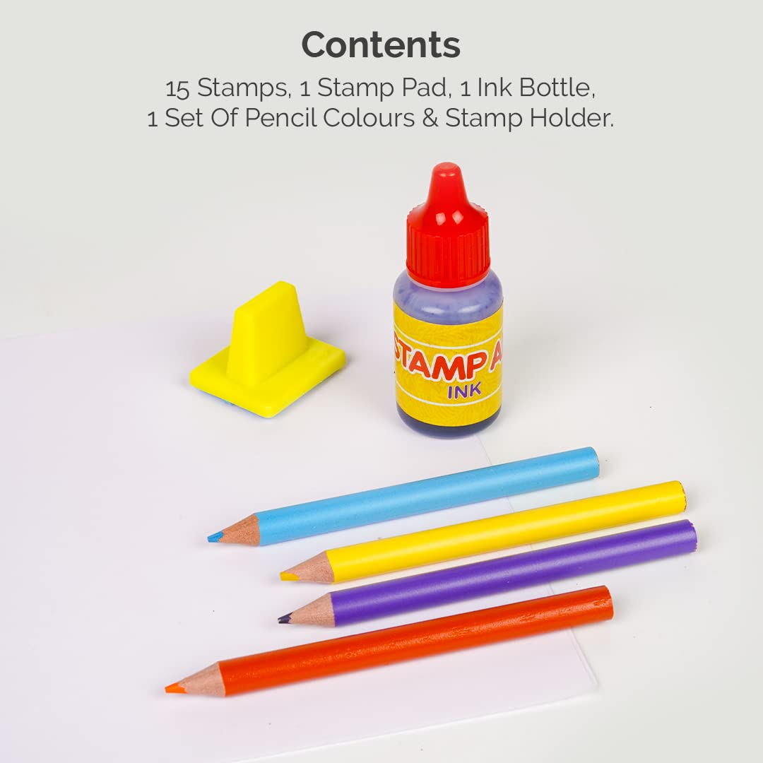 Stamping kit with stamps, ink bottle, and colored pencils on a white background