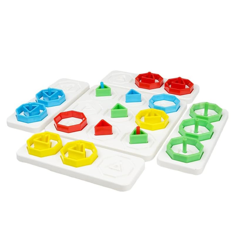 Colorful geometric shape sorting toy on a white background