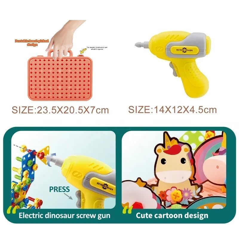 Toy drill with accessories and packaging details on a white background