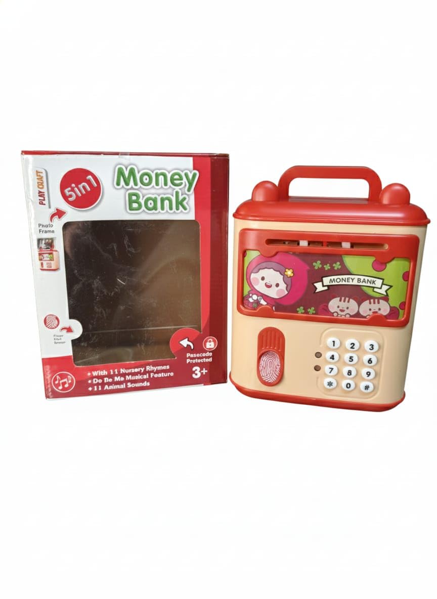 Toy money bank with packaging on a white background