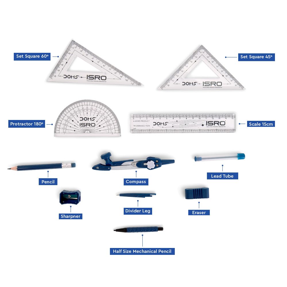 Collection of ISRO branded measurement tools and stationery items on a white background