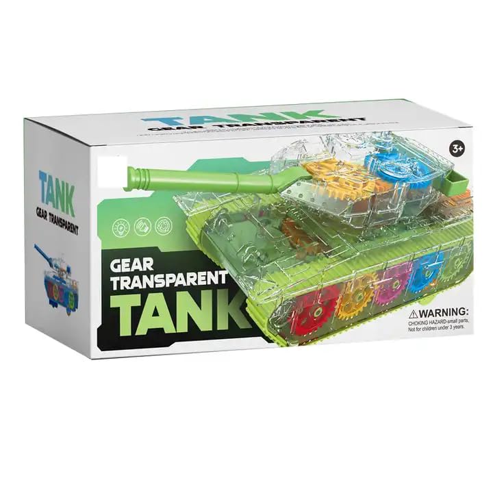 Transparent toy tank with visible gears on a white background
