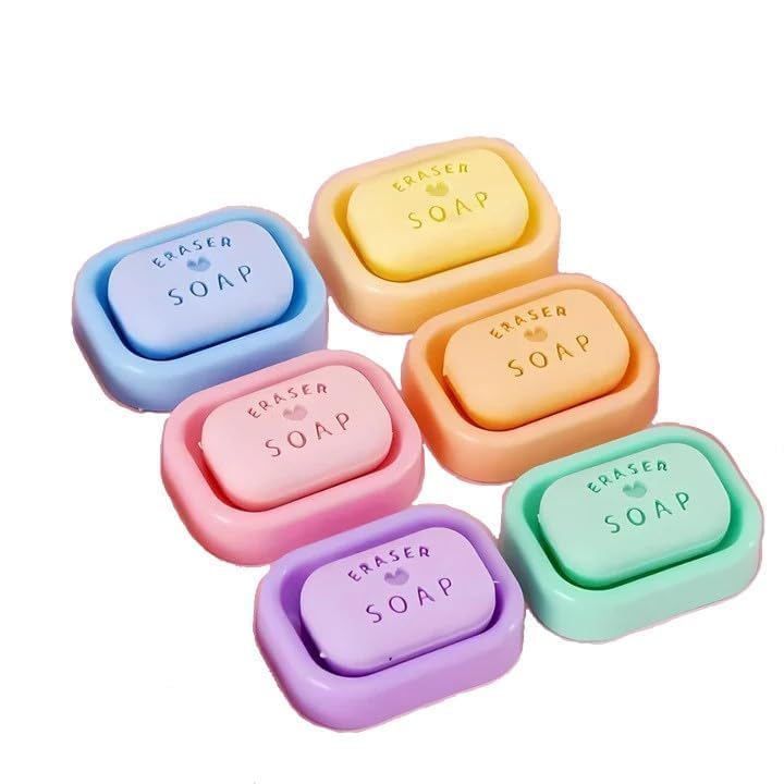 Set of colorful soap-shaped erasers on a white background