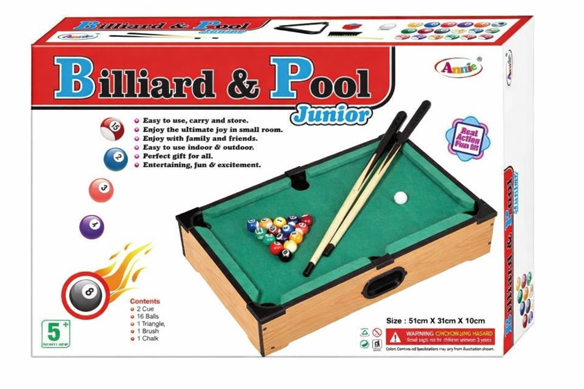 Box of a mini pool table set with billiard balls and cues on a white background
