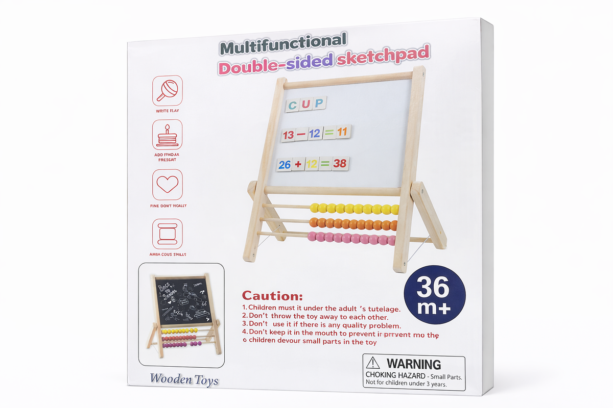 Multifunctional double-sided sketchpad with wooden stand on packaging