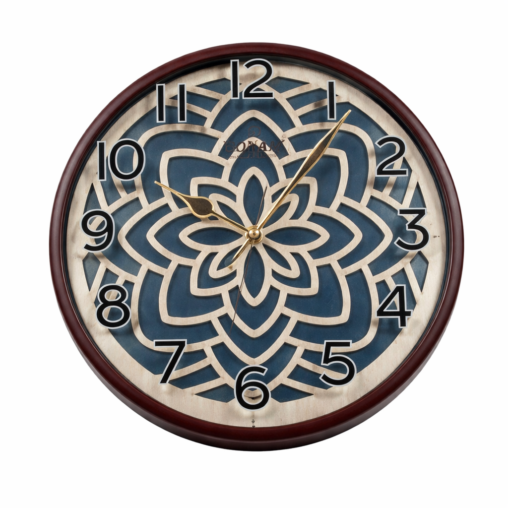 Decorative wall clock with floral design and brown frame on a white background