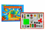 Electromagnetic set with experiment components and packaging on a white background