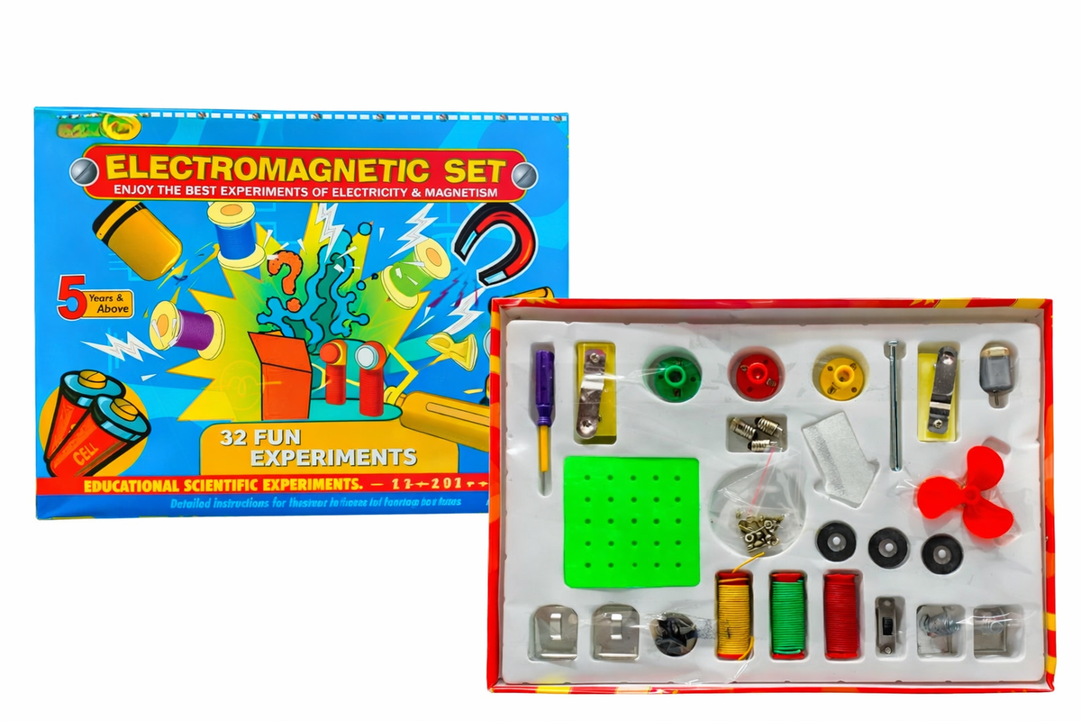 Electromagnetic set with experiment components and packaging on a white background