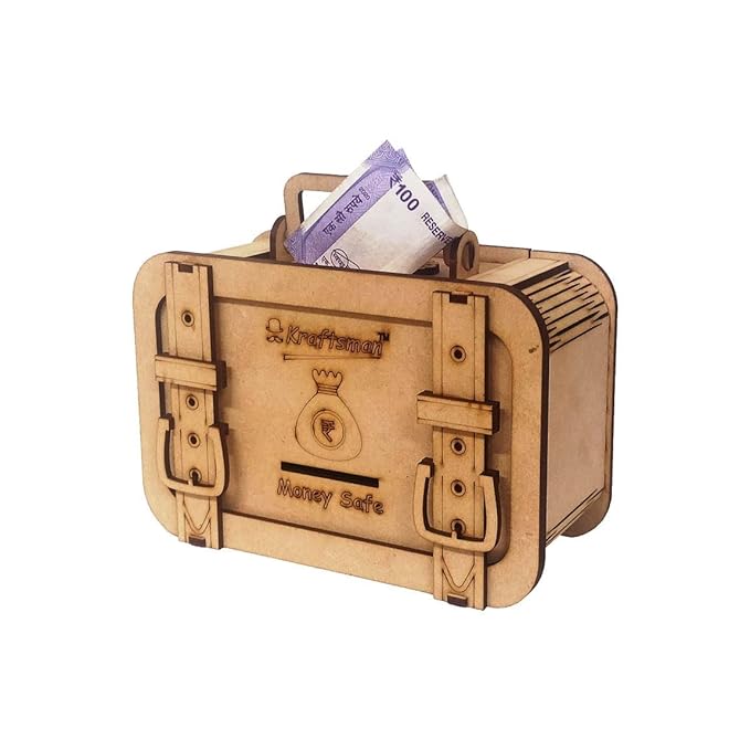 Wooden treasure chest with money sticking out on a white background